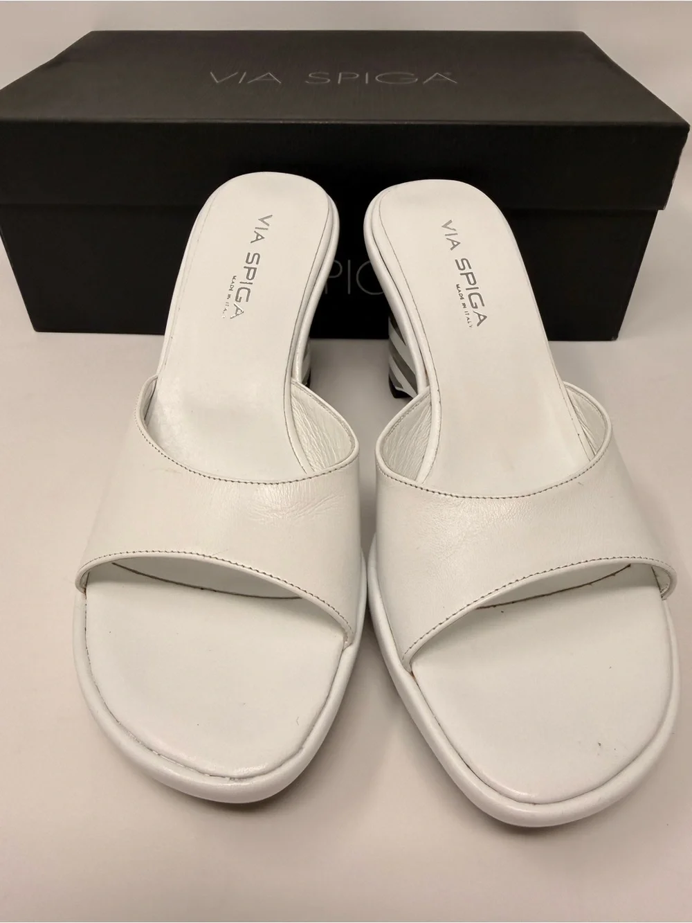 Via Spiga White Open-Toe Wedge Slide Sandals with Striped Heel